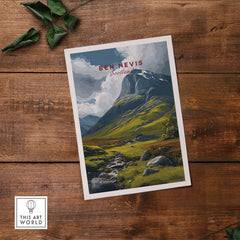 Ben Nevis Scotland Art Print Stream & Mountain - Rugged Scottish Landscape Poster on wooden surface