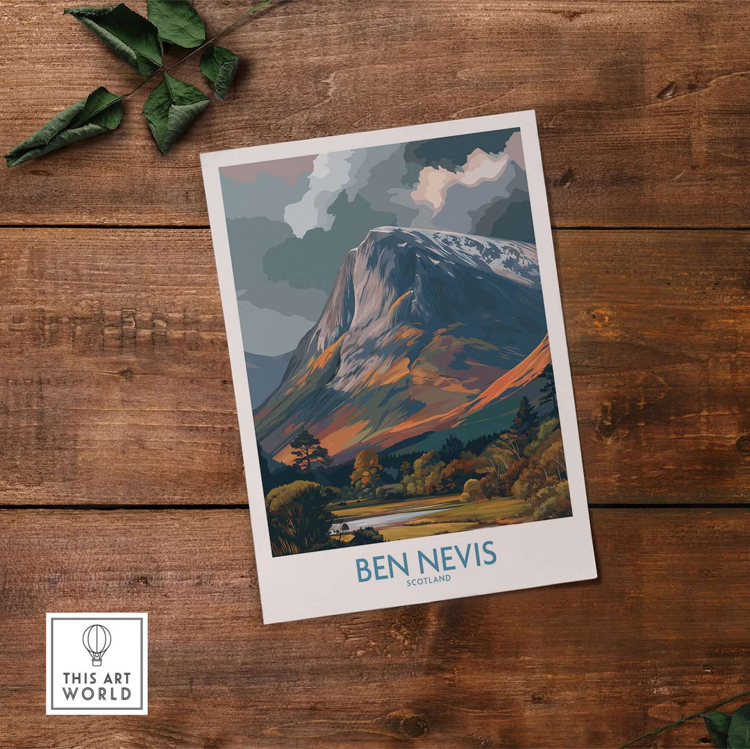 Ben Nevis cloudy peak landscape print, Scottish artwork, nature decor gift