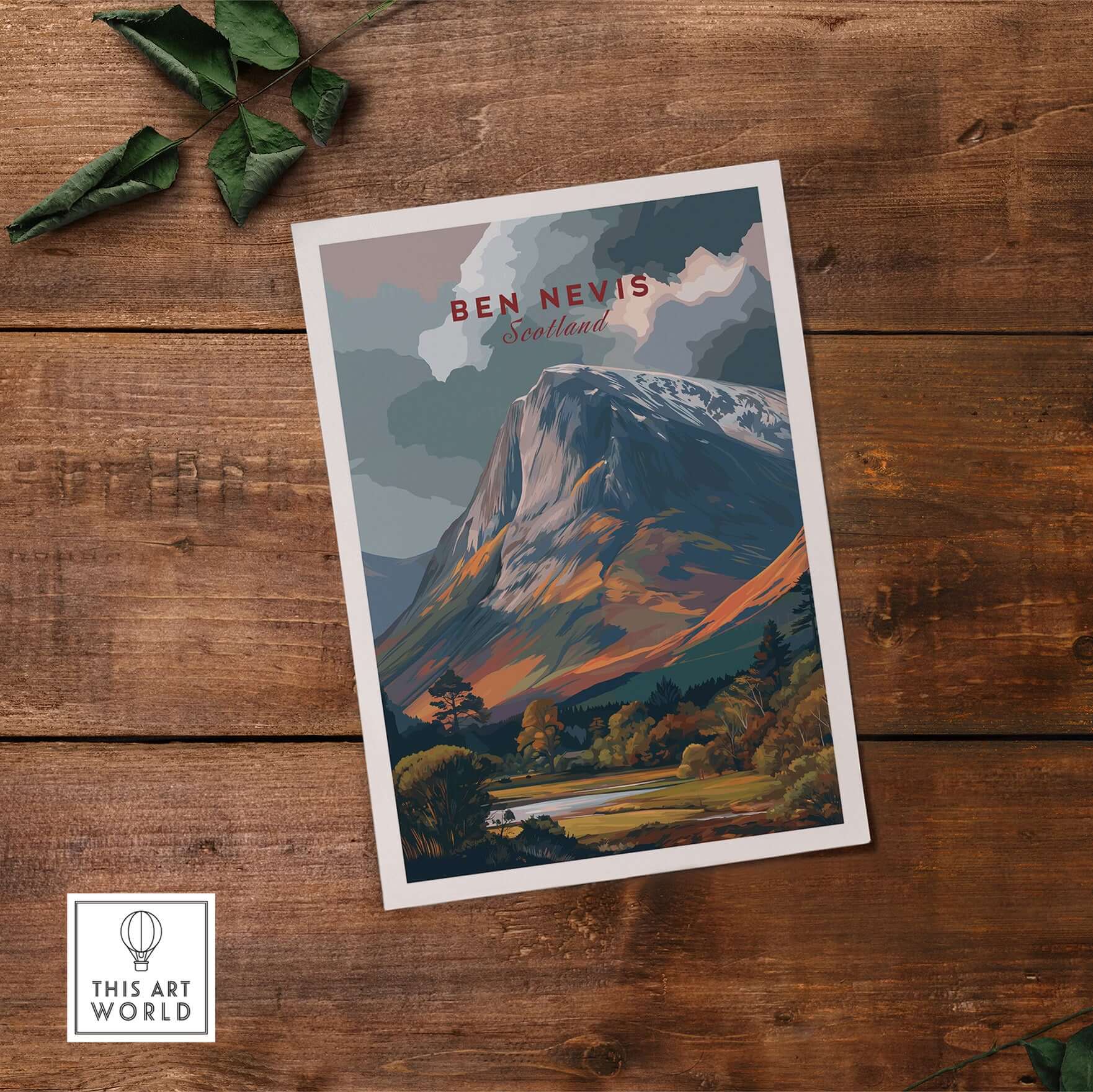 Ben Nevis Scotland Snow-Capped Mountain Poster - Dramatic Highland Wall Art displayed on rustic wooden background.