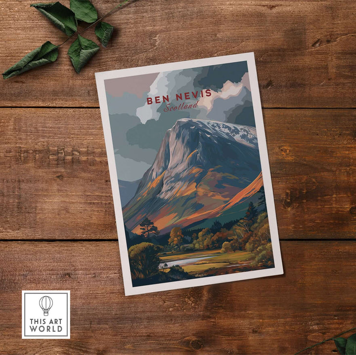Ben Nevis Scotland snow-capped mountain poster art showcasing stunning Highland landscapes and dramatic scenery.