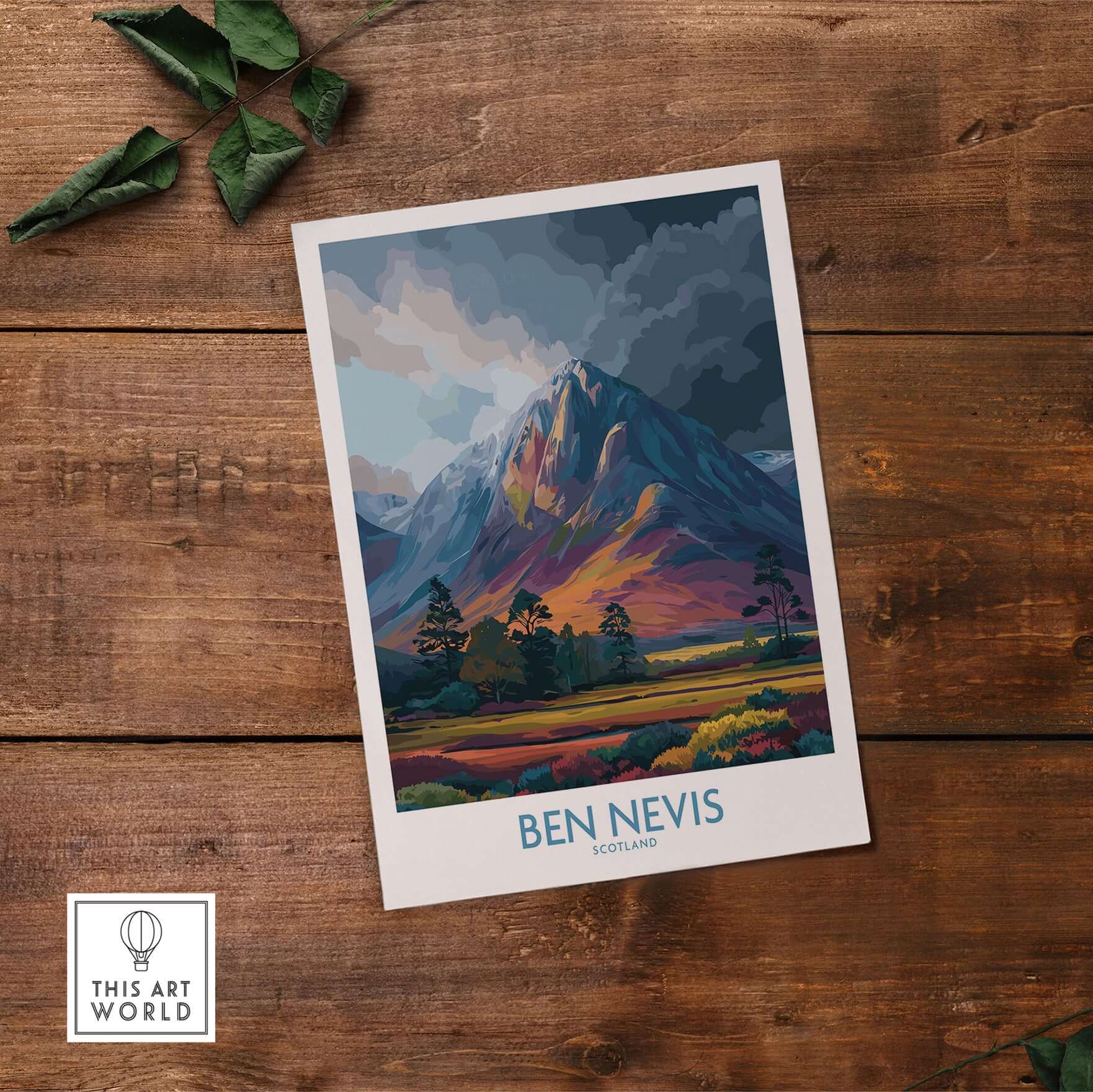 Ben Nevis Wall Art Scotland Moody Skies - Scottish Highlands Travel Poster showcasing mountainous landscape.