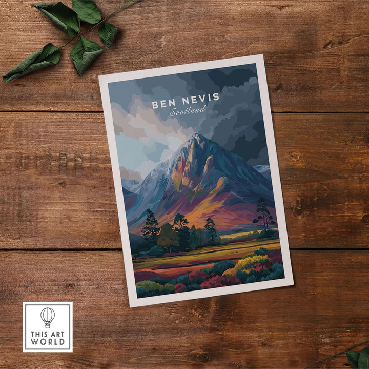 Ben Nevis art illustration print showcasing Scotland's vibrant dusk mountain landscape.