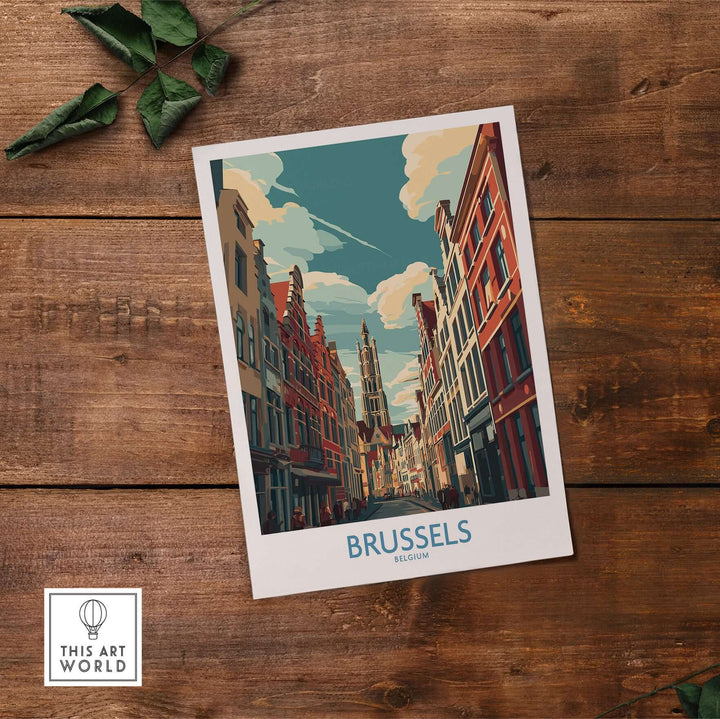 Brussels Belgium Gothic architecture print, colorful travel poster showcasing iconic city landmarks.