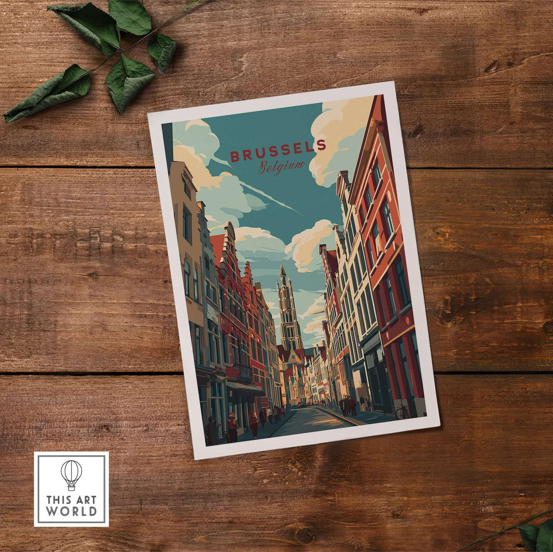 Brussels Grand Place street art poster showcasing historic buildings and sky in Belgium, perfect for art lovers.