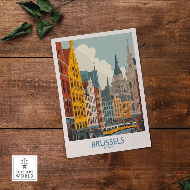 Brussels wall art print showcasing colorful historic buildings in Belgium, perfect for home decor.
