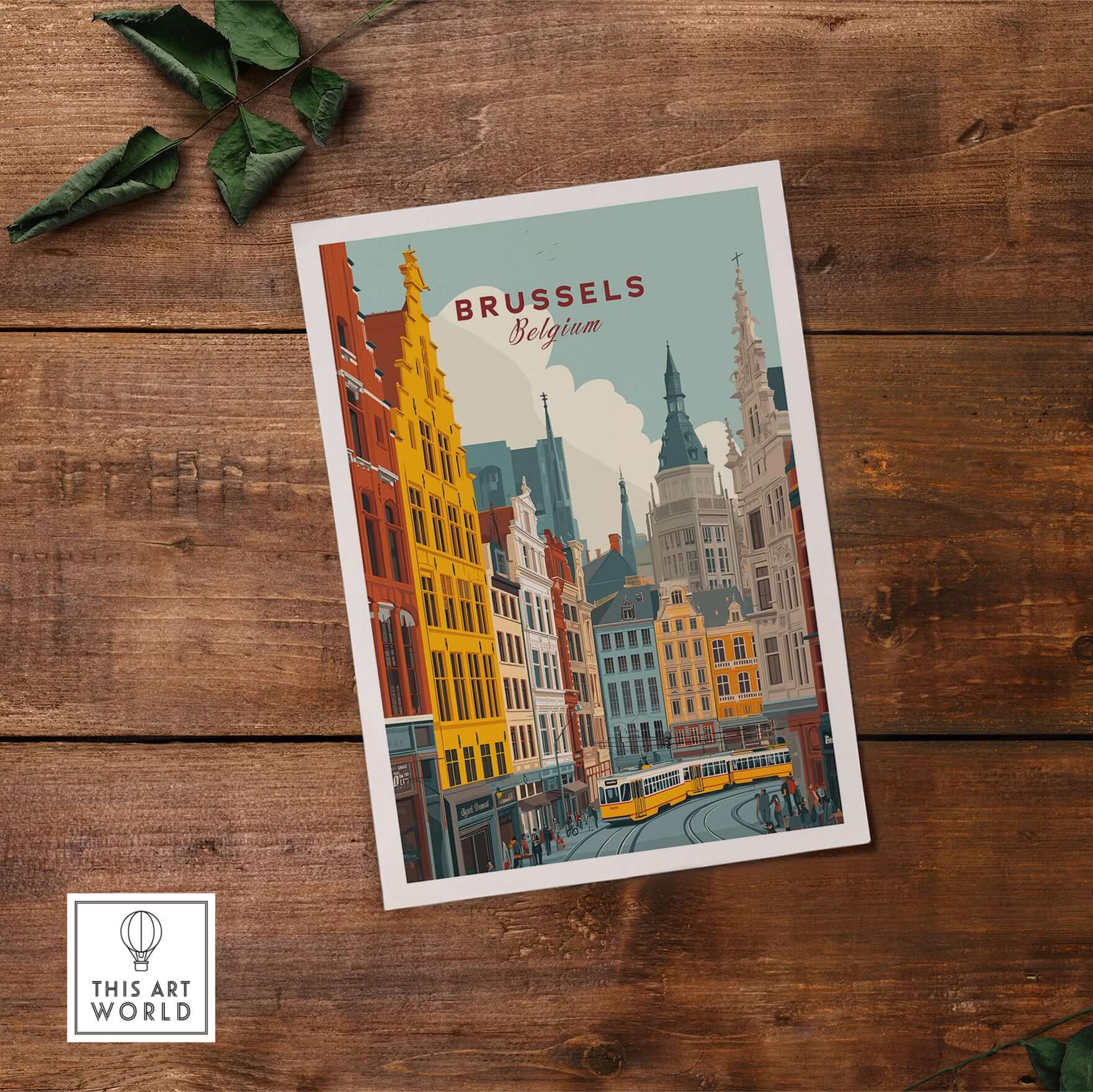 Brussels Belgium Tram Cityscape Poster - Vibrant European Street Scene on wooden background
