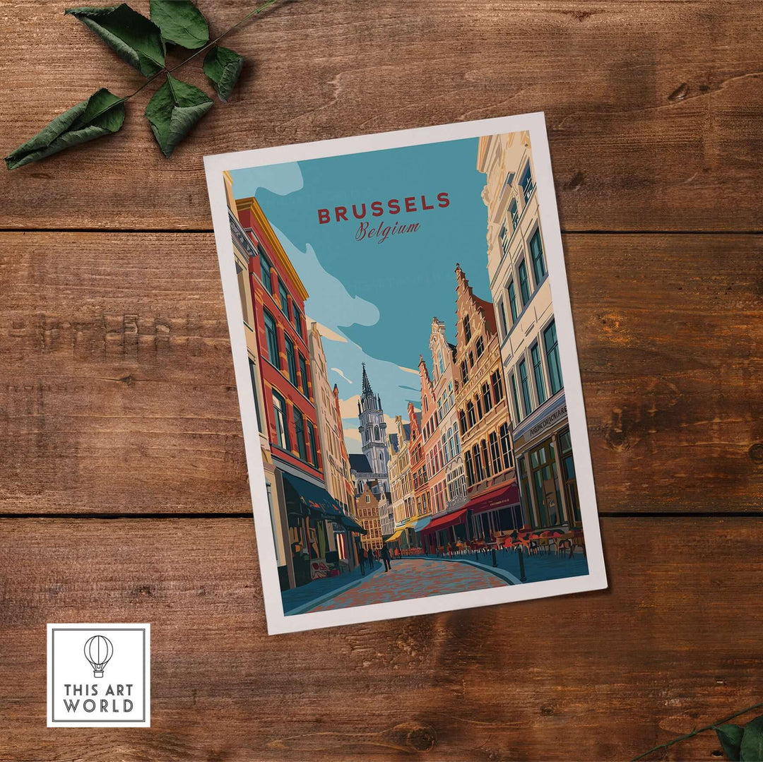 Brussels print poster featuring charming Old Town Europe architecture and vibrant street scene.