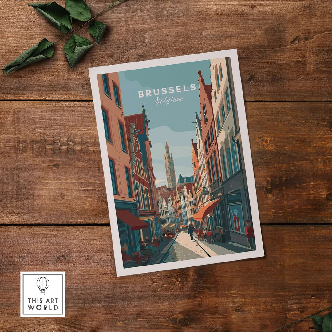 Brussels art print featuring picturesque streets and historic buildings, perfect for home decor.