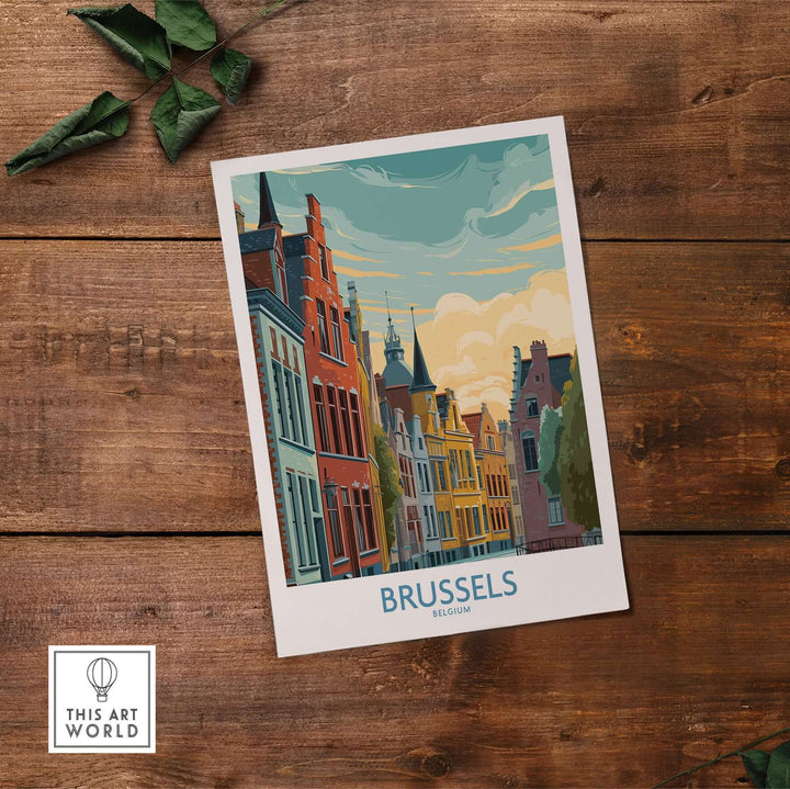 Brussels Belgium travel poster featuring colorful buildings against a dramatic sky, perfect for home decor.