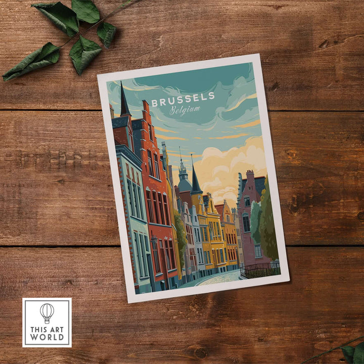 Brussels Belgium historic houses poster showcasing vibrant European architecture in a picturesque setting.