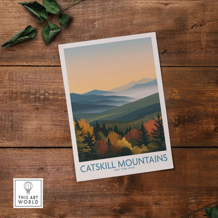 Catskill Mountains fall landscape poster showcasing vibrant autumn colors in New York State travel decor.