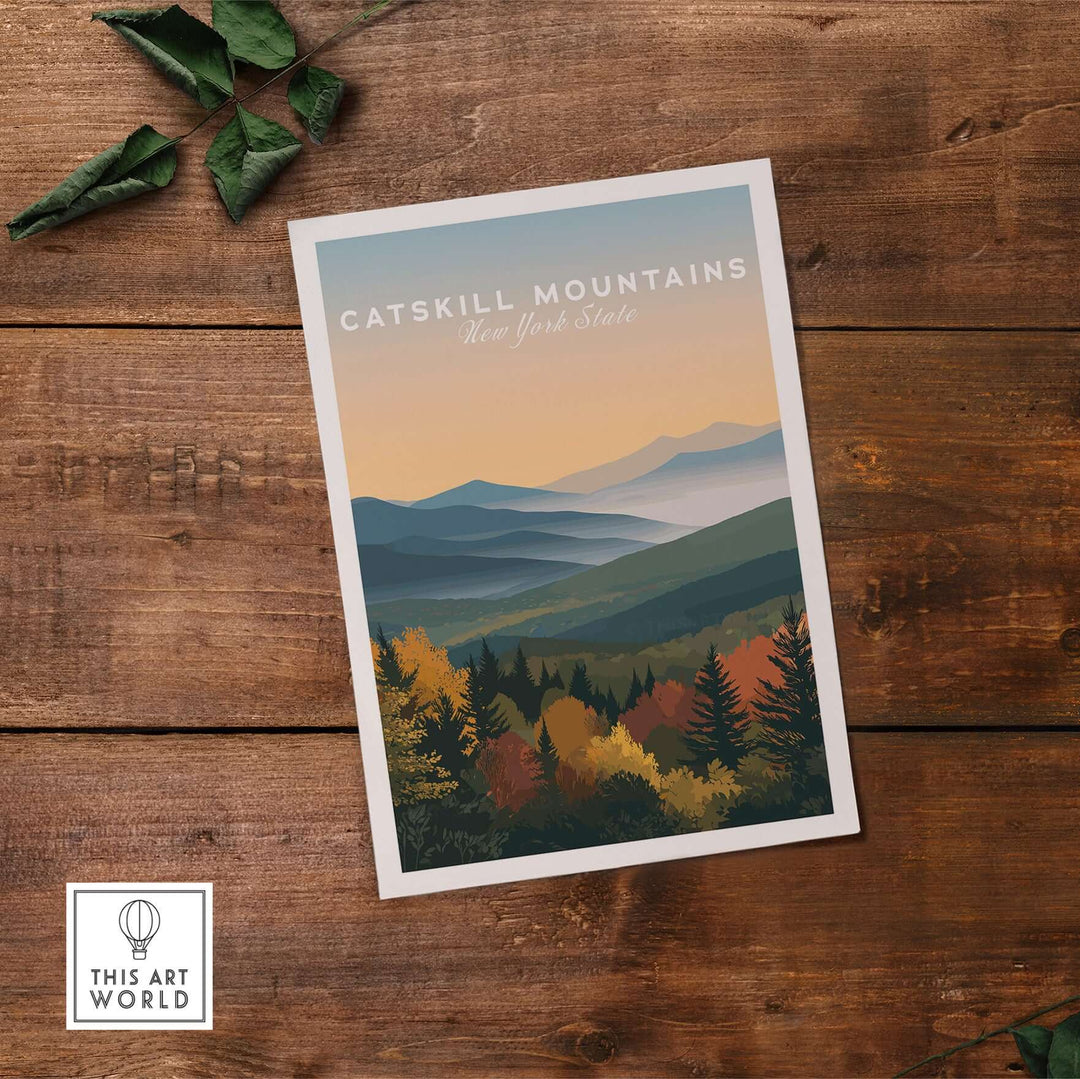 Catskill Mountains New York autumn foliage print displaying vibrant fall colors in a tranquil mountain valley.
