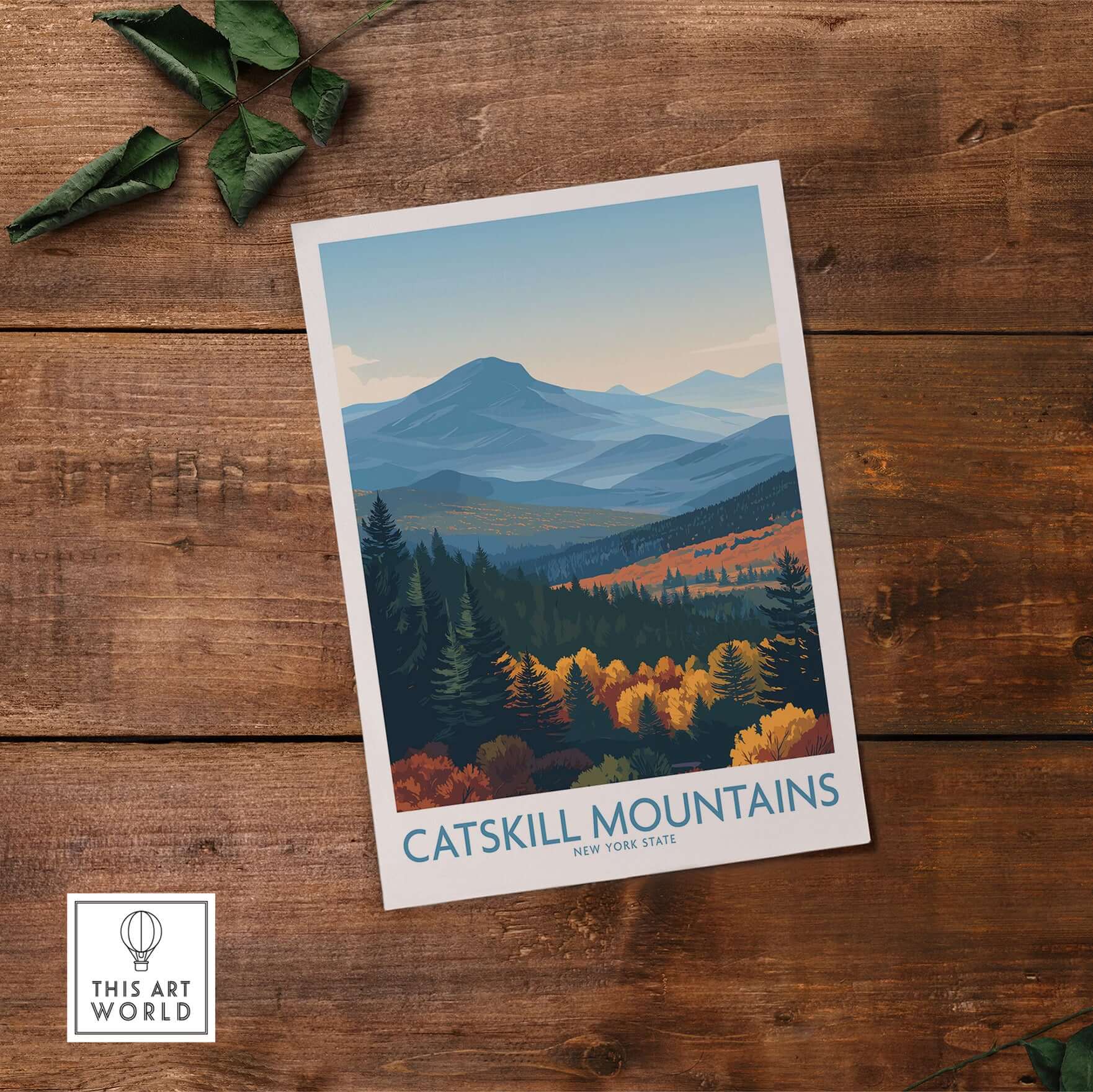 Catskill Mountains New York Blue Mountains Fall Poster - New York State Nature Decor on wooden background.