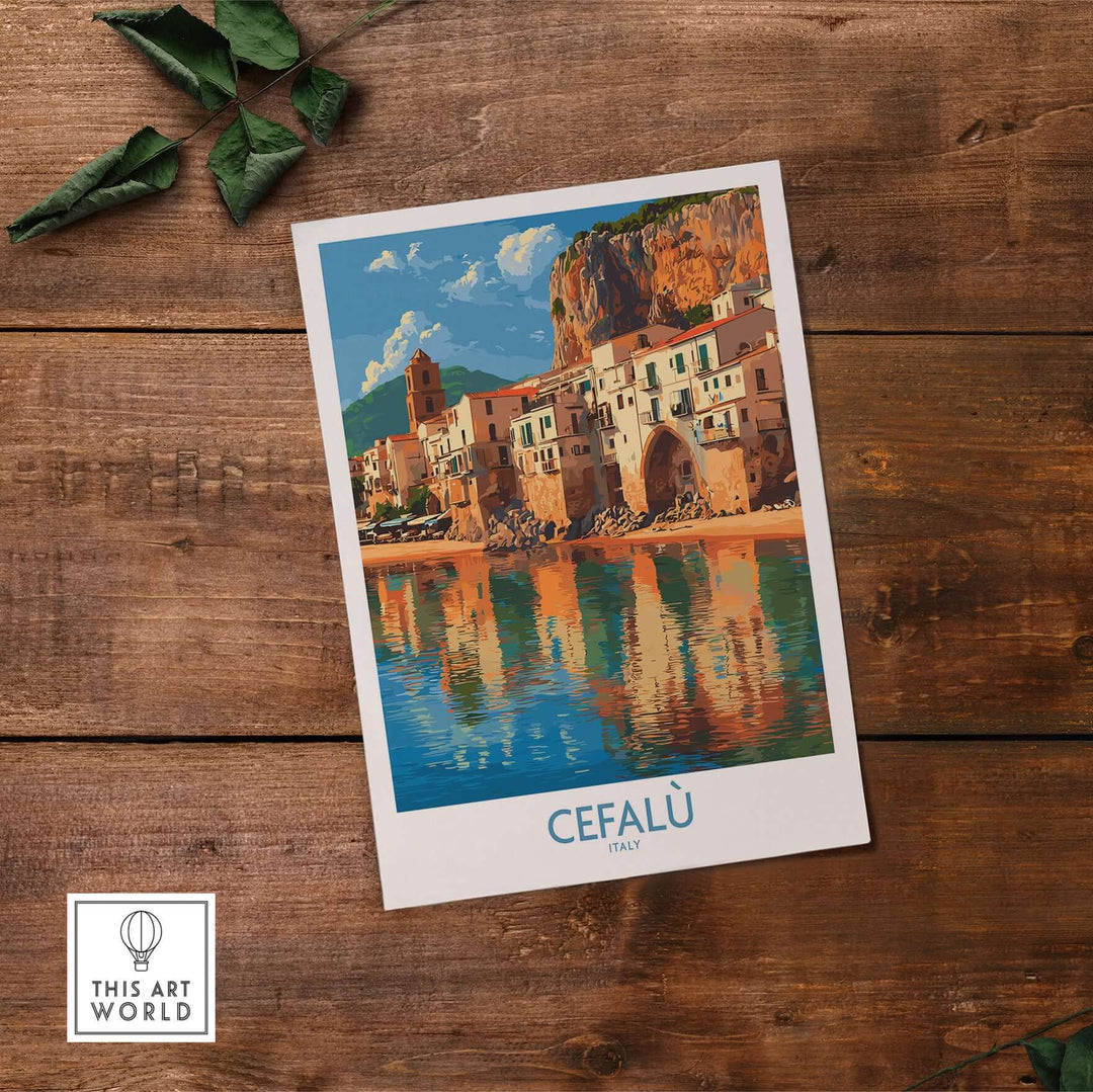 Cefalù Italy Mediterranean beach poster showcasing seaside town's coastline and charming architecture.