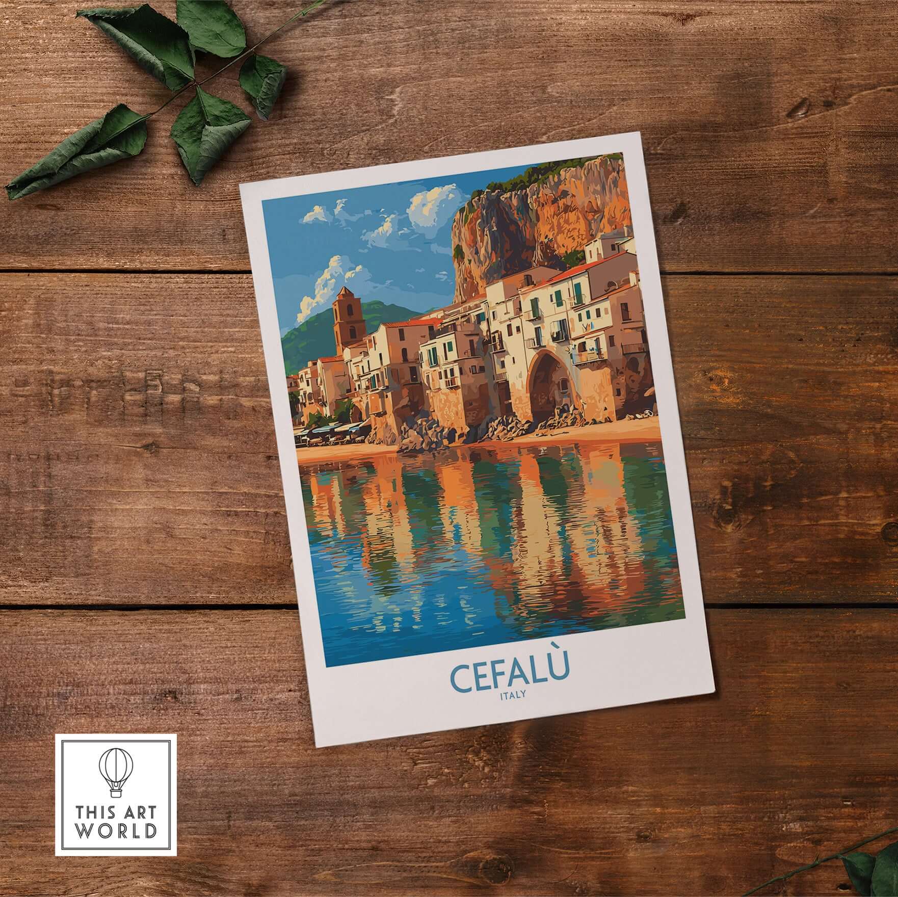 Cefalù Italy Mediterranean Beach Poster - Historic Seaside Travel Print showcasing the scenic coastal view.