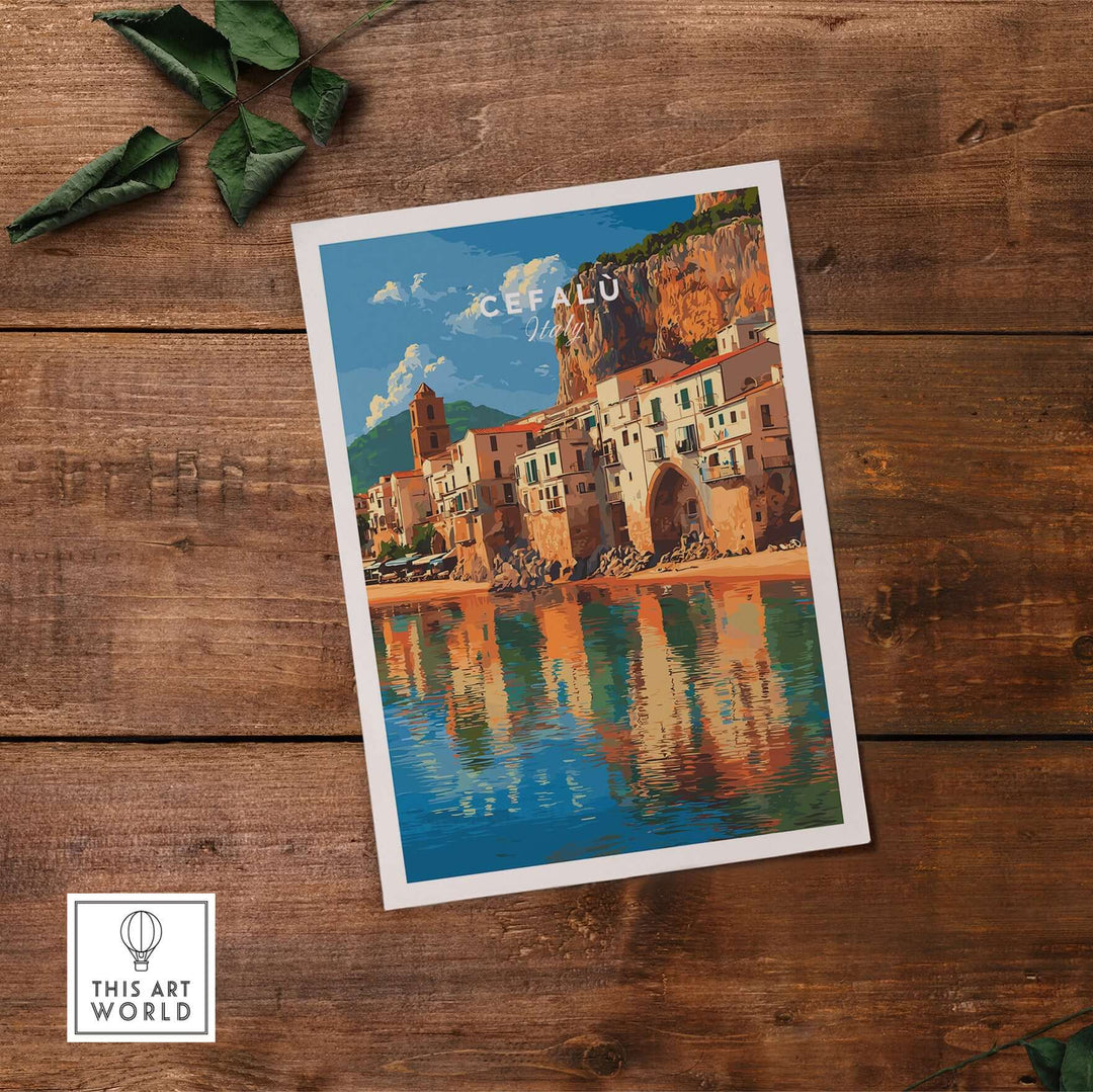 Cefalù Italy travel print showcasing vibrant coastal village art on wood background.