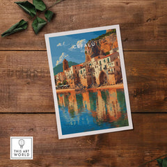 Cefalù Italy Travel Print - Sicilian Village Wall Art featuring a vibrant coastal village scene.