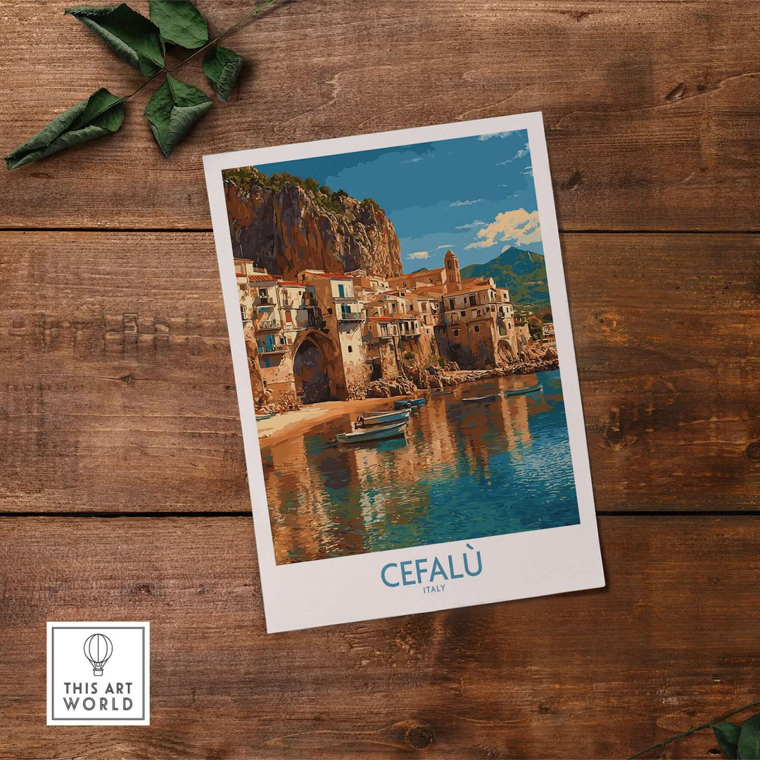 Cefalù, Italy wall art featuring colorful coastal buildings and serene waters, perfect for Italian decor.