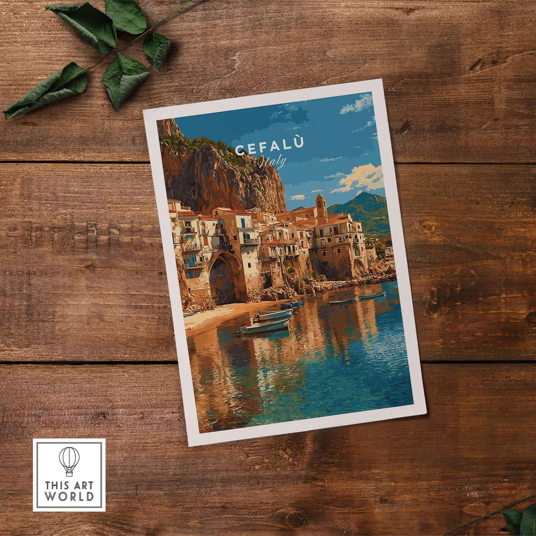 Cefalù Italy poster featuring the stunning Sicilian coastline and charming village architecture on a rustic wooden background.