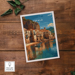 Cefalù Italy Poster - Sicilian Coastline Art Print showcasing picturesque seaside views and charming village architecture.