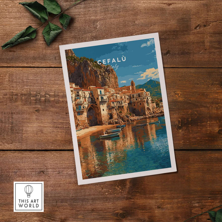 Cefalù Italy poster featuring the stunning Sicilian coastline and charming village architecture on a rustic wooden background.