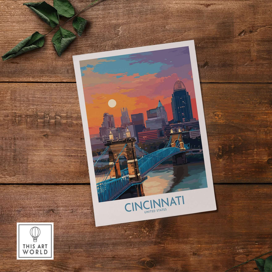 Cincinnati downtown cityscape print featuring vibrant colors and iconic skyline on wooden background, Ohio travel decor.