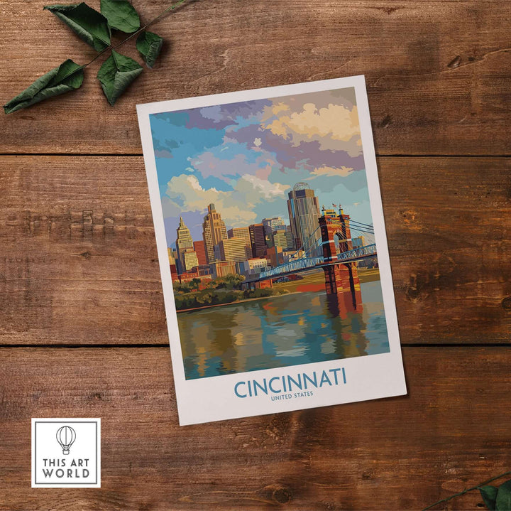 Cincinnati Riverfront cityscape poster featuring vibrant skyline and bridge, perfect Ohio wall art.
