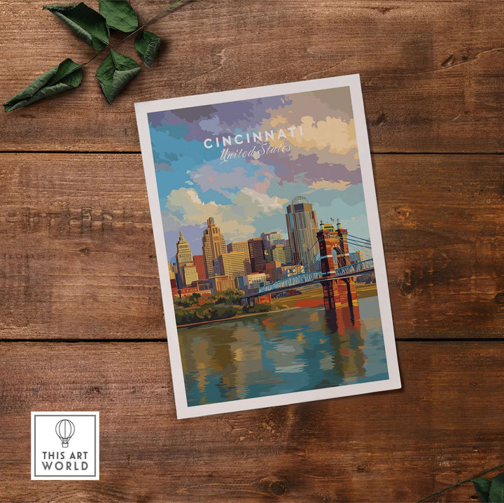 Cincinnati skyline print featuring Roebling Bridge, vibrant urban landscape artwork on rustic wooden background.