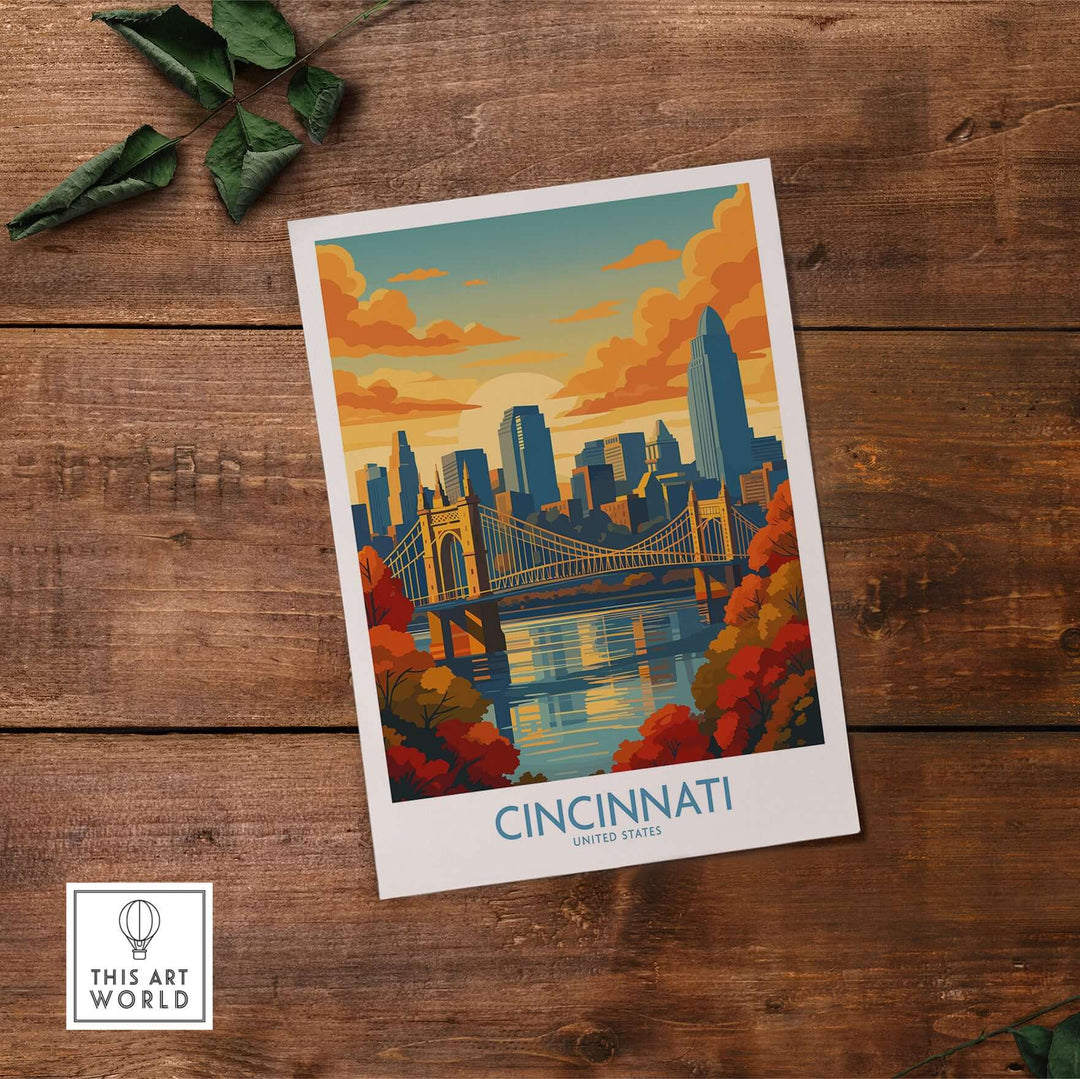 Cincinnati skyline print showcasing autumn colors and the iconic bridge on a wooden background.
