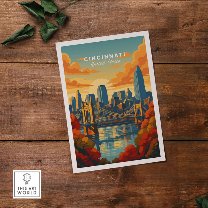 Cincinnati Sunset River Reflection poster featuring Roebling Bridge and urban skyline in warm hues.