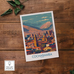 Cochabamba Bolivia Downtown Bolivia Wall Art - City & Mountain View Print showcasing vibrant cityscape and majestic mountains.
