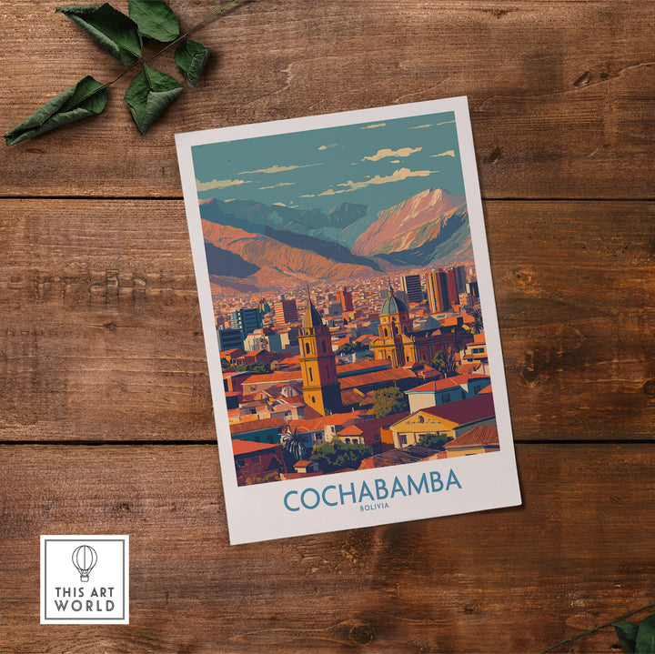 Cochabamba Bolivia wall art print showcasing urban cityscape and mountains in vibrant colors.