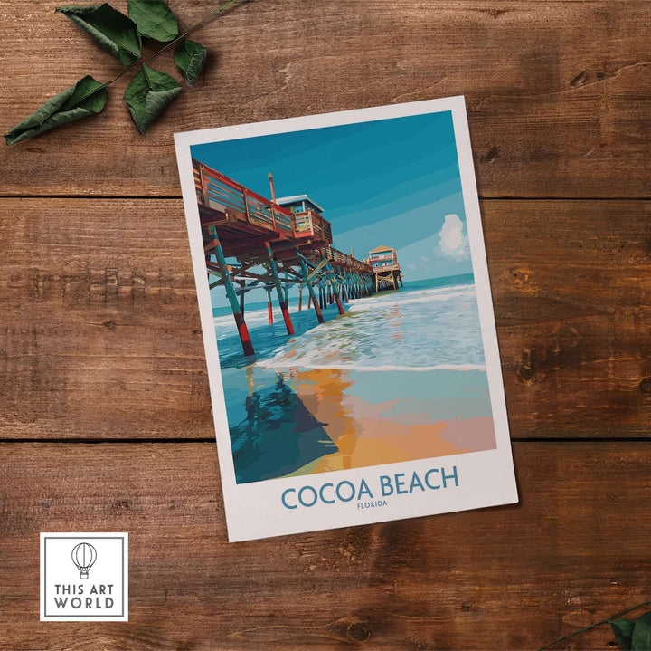 Cocoa Beach Pier poster featuring vibrant colors and ocean scenery, perfect Florida beach travel decor.