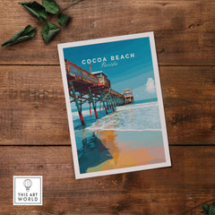 Cocoa Beach Florida Pier Print - Coastal Florida Wall Art showcasing vibrant pier and coastal charm in a colorful illustration.