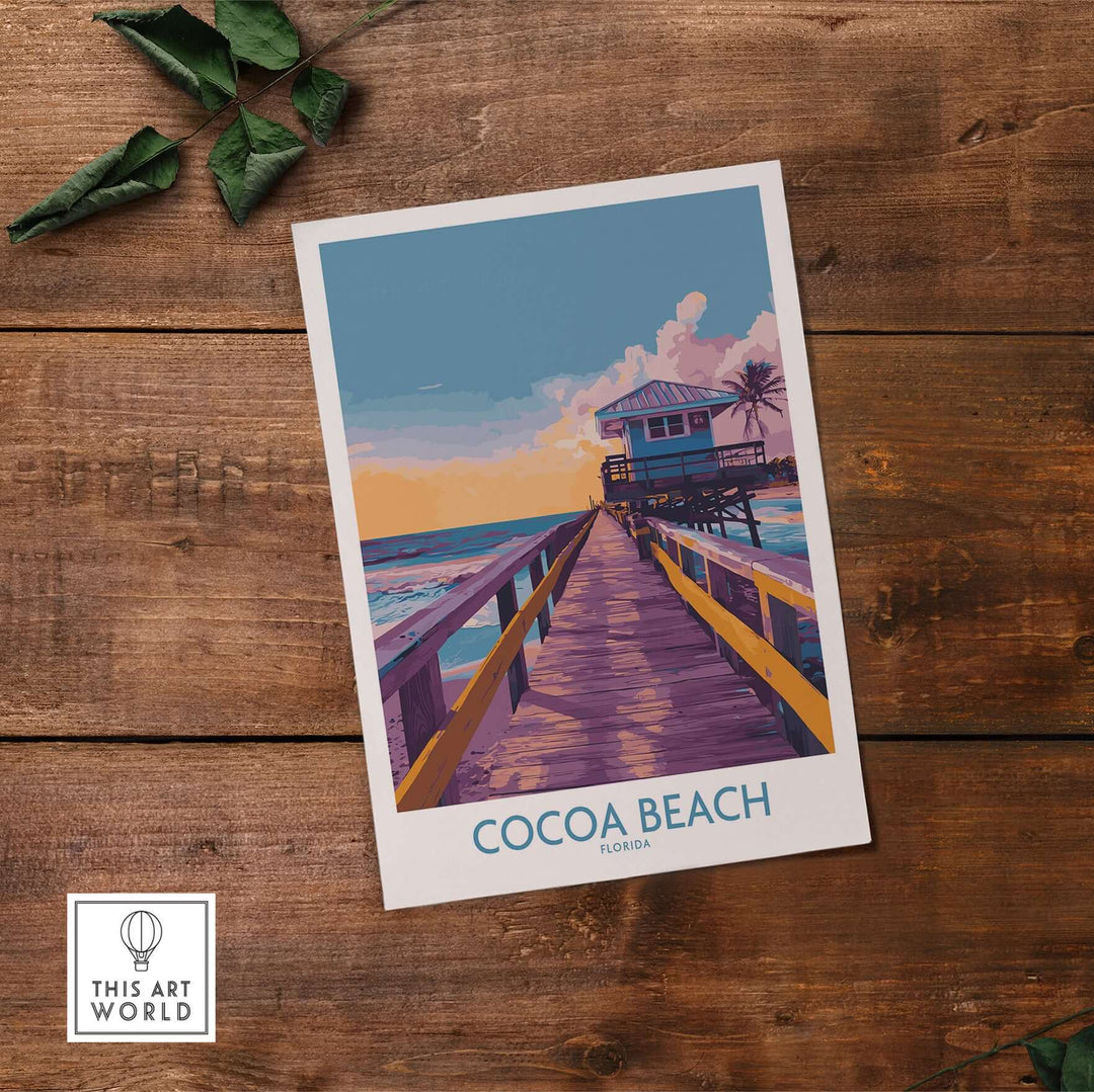 Cocoa Beach Florida wooden pier poster featuring vibrant sunset colors and serene coastal decor.
