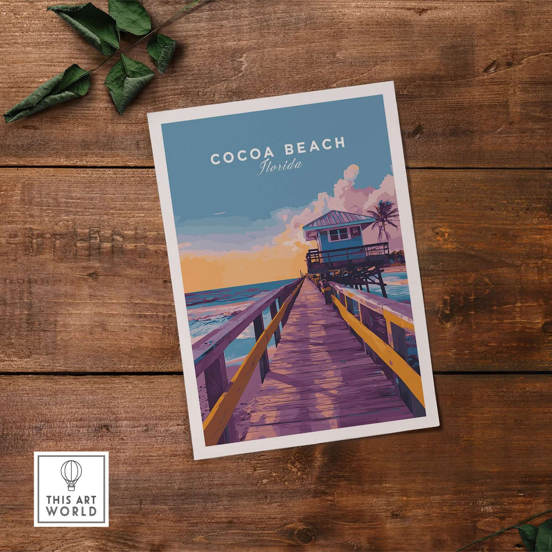 Cocoa Beach Boardwalk print showcasing a sunset over the ocean, perfect Florida wall art for beach lovers.
