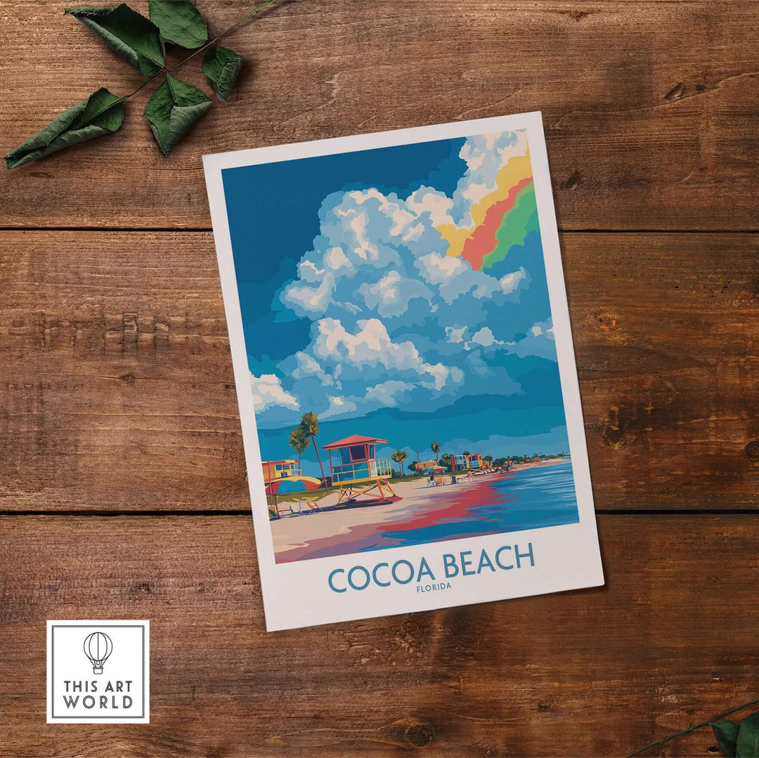 Cocoa Beach Rainbow Cloud Poster depicting vibrant clouds over the Florida coastline, perfect for travel decor.