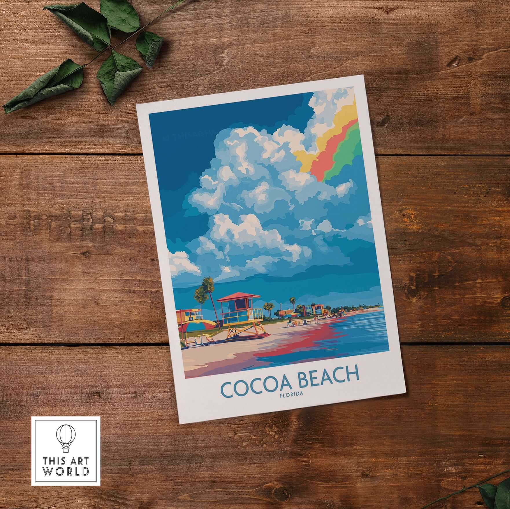 Cocoa Beach Rainbow Cloud Poster - Florida Travel Decor, vibrant beach scene artwork highlighting colorful clouds.