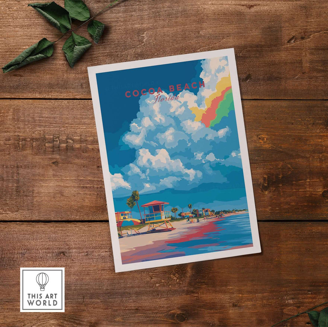 Cocoa Beach lifeguard stand print featuring colorful skies and coastal scenery, ideal for beach-themed wall art.