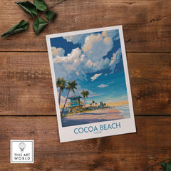 Cocoa Beach Florida Oceanfront Landscape Print - Florida Coast Decor on wooden background