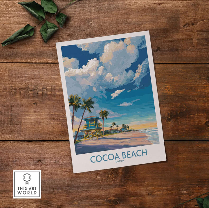 Cocoa Beach Florida oceanfront landscape print featuring palm trees and a beach house on a serene coast.