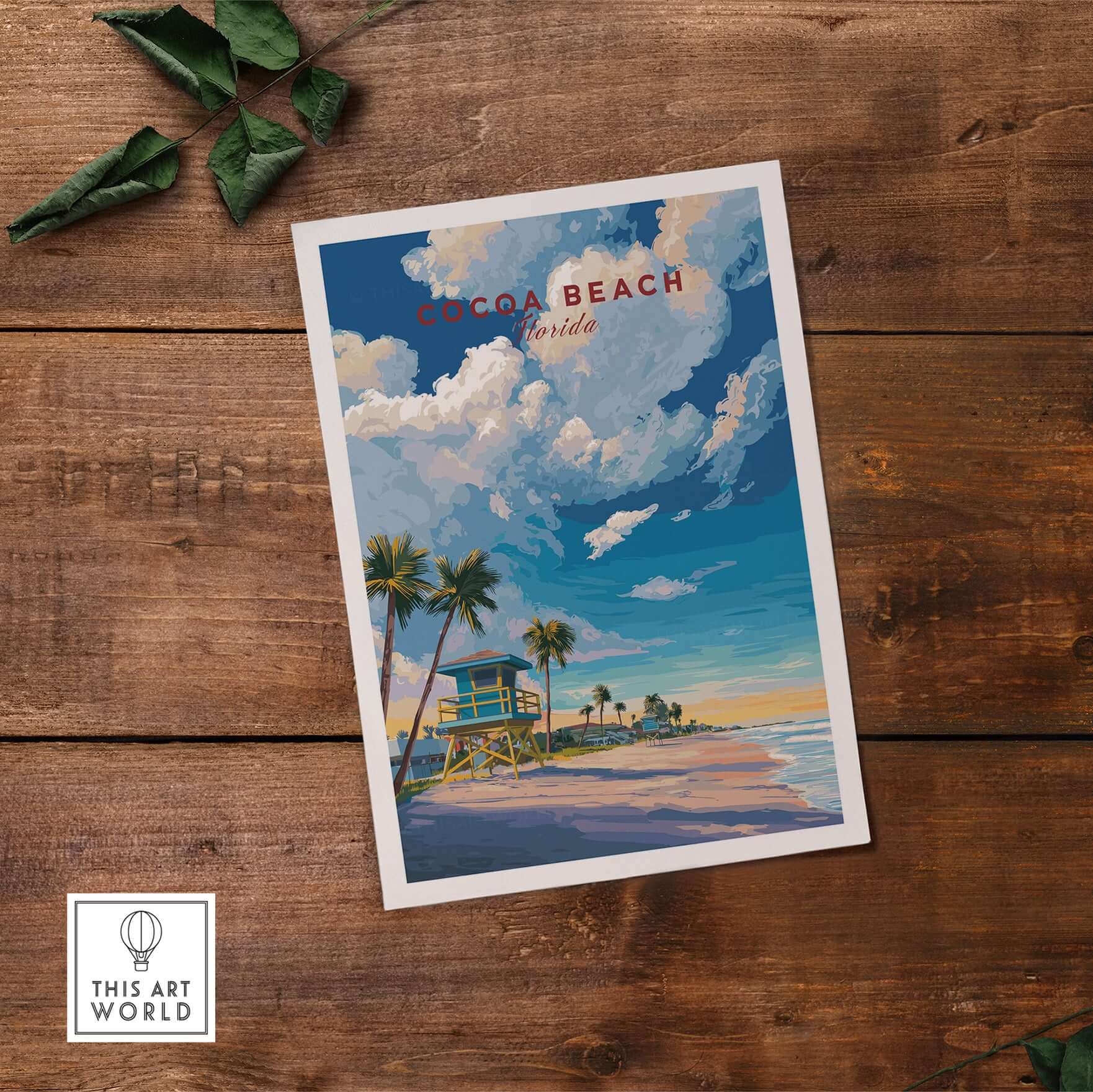 Cocoa Beach Lifeguard Tower Poster - Palm Tree Beach Wall Art on a wooden surface with vibrant colors and palm trees.