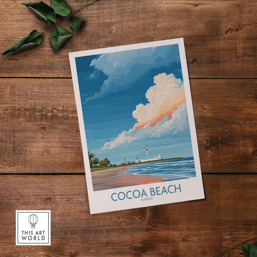 Cocoa Beach poster featuring a vibrant coastal scene with clouds and beach, perfect Florida wall art decor.