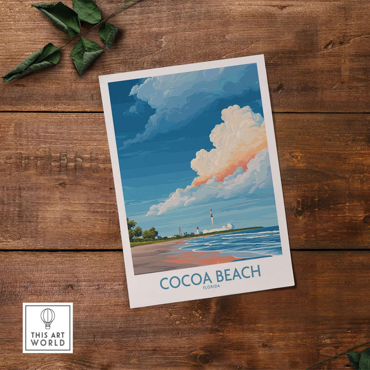 Cocoa Beach poster featuring a vibrant coastal scene with clouds and beach, perfect Florida wall art decor.
