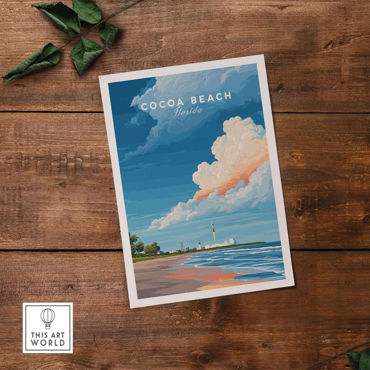 Cocoa Beach Florida rocket launch print showcasing a vibrant beach scene with a dramatic sky and rocket silhouette.