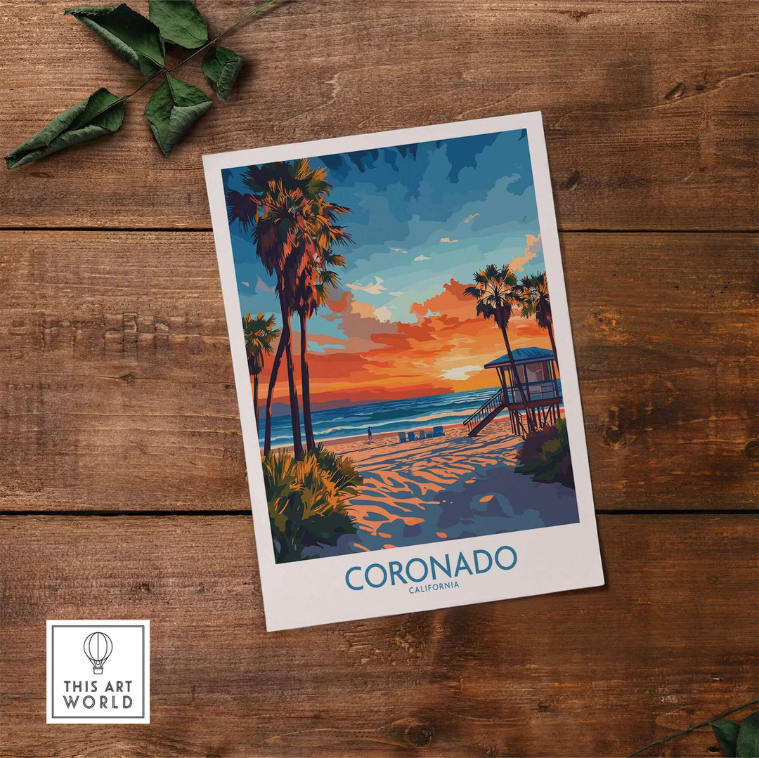 Coronado Print California featuring vibrant beach sunset and palm trees, perfect for coastal home decor.