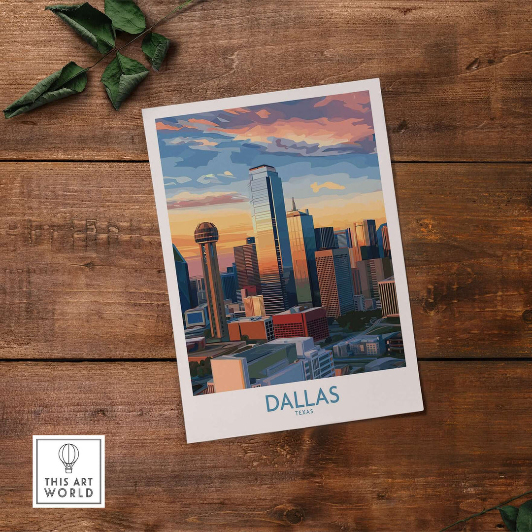 Dallas Texas skyline wall art print featuring a vibrant sunset and modern cityscape decor.