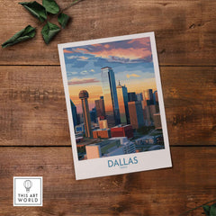 Dallas Texas Sunset Wall Art - Modern City Travel Decor featuring a vibrant skyline illustration.