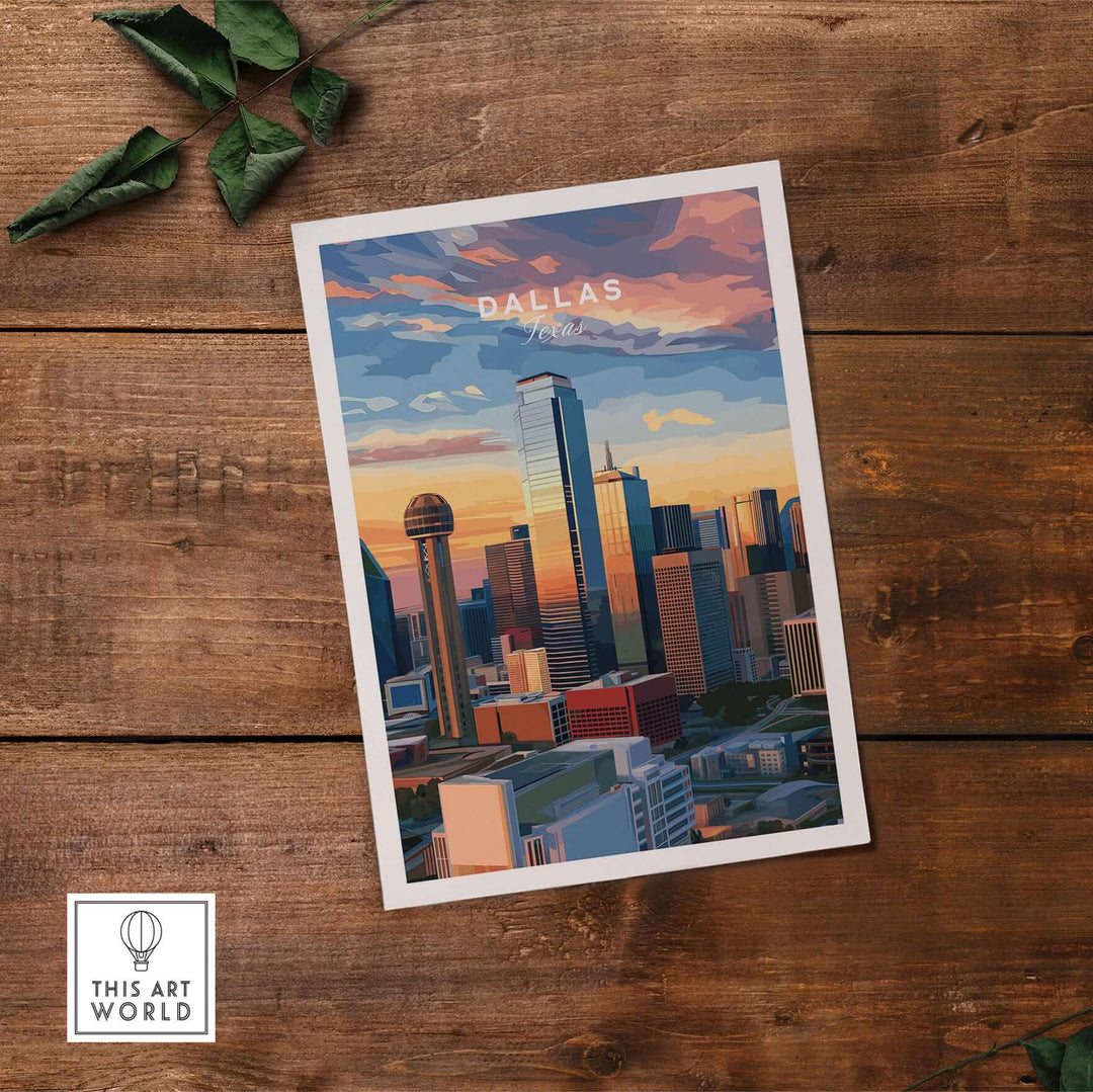 Dallas skyline poster featuring Reunion Tower and modern cityscape in vibrant sunset colors.