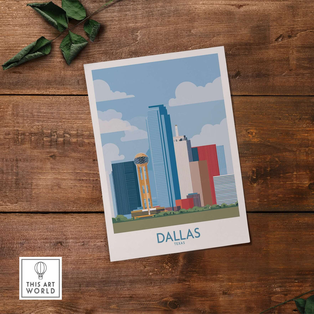 Dallas cityscape poster featuring the vibrant skyline of Texas for travel wall art decor.